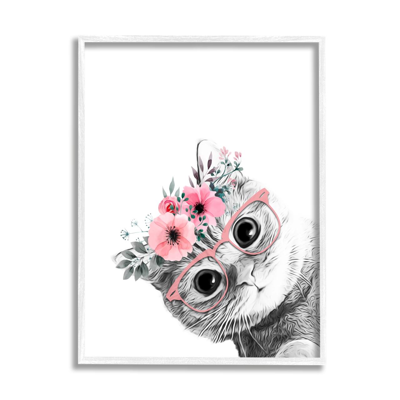 Stupell Industries Pink Flower Crown Cat with Glasses Framed Giclee Art